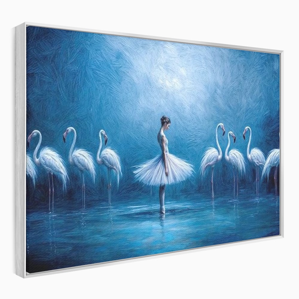 Tablou canvas cu tablou canvas cu balerina si flamingo, in rama de aluminiu argintiu